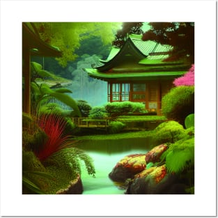 Magical Japanese Cottage In a Greenary Landscape, Beautiful Nature Posters and Art